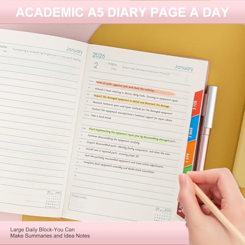 2026 Diary A5 Page a Day,Diary 2026 Day Per Page,Academic Diaries a5 from Jan 2026 to Dec 2026 Daily Planner,Hardcover Organizer with Pen,Monthly Tabs, Inner Pocket,Stickers (Pink) - Image 5