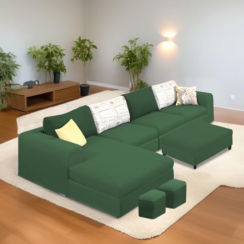 Image of Koza LHS 8 Seater L Shape Sofa Set with Center Table for Living Room (Green Fabric) Premium Fabric Sofa
