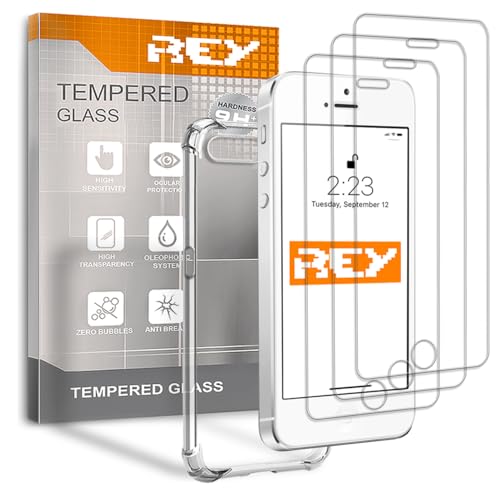 REY 3X Protector de Pantalla y Funda Anti-Shock para iPhone 5-5S - SE, Cristal Vidrio Templado y Silicona TPU de Alta Resistencia