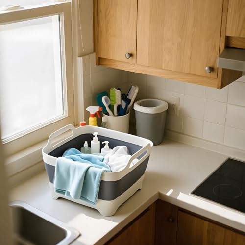Image of Foldable Dish Basin with Drain Plug, 9L 2.4 Gallon Compact Portable Wash Tub Dishpan Space-Saving Sink Tray for Kitchen Storage Grey