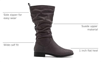 MOOMMO Women Mid Calf Slouch Boots Suede Calf High Boots Flats Flat Heel Long Boots Wide Calf Side Zipper Winter Boots Round Toe Flat Boots Retro Cute Casual Comfy Winter 4-13 M US