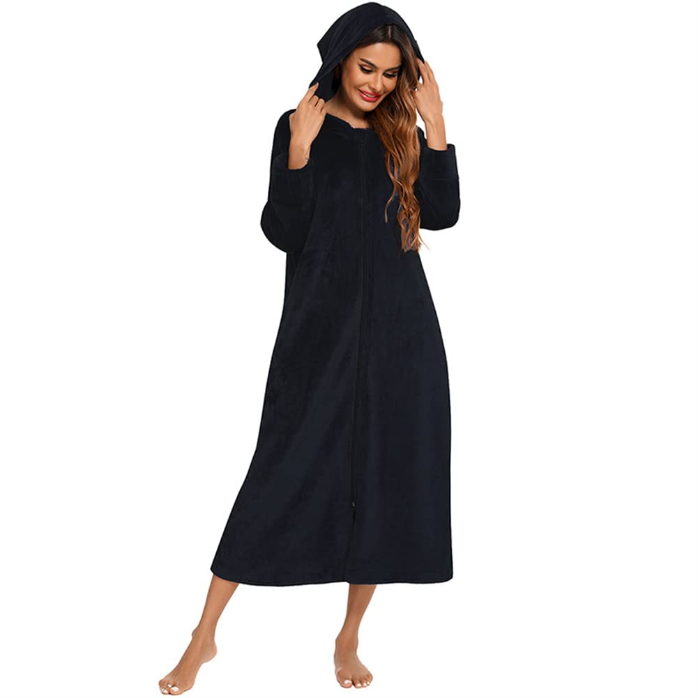Damen Langer Warmer Bademantel Reißverschluss Fleece Plüsch Nachtwäsche Weich Casual Hauskleidung