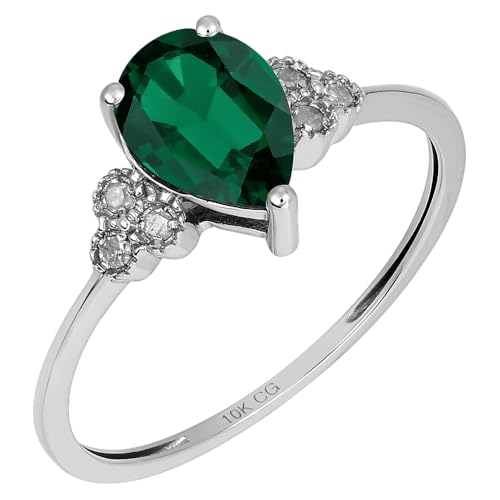 10k White Solid Gold Pear-shape Created Gemstone and Natural Diamond Birthstone Engagement Ring