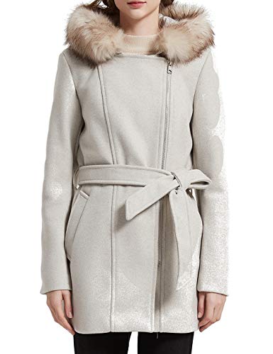 Bellivera Women's Faux Woolen Fleece Trench Coat Belted, The Overcoat Hooded with Detachable Fur Collar 07CL Beige Medium