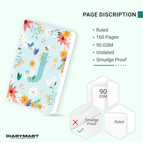 Image of Initial J Premium Soft Bound Notebook Diary for Girls and Women (B6, 90 GSM, 160 Ruled Pages) Floral Design Notebook Journal Diary