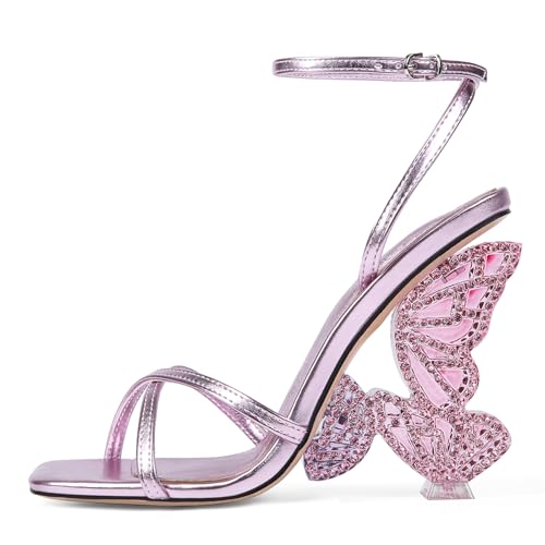 Rhinestone Butterfly High Heels for Women - Open Round Toe Stiletto Heel Sandals with Ankle Wrap Buckle Wedding,Prom,Evening Dressy Shoes
