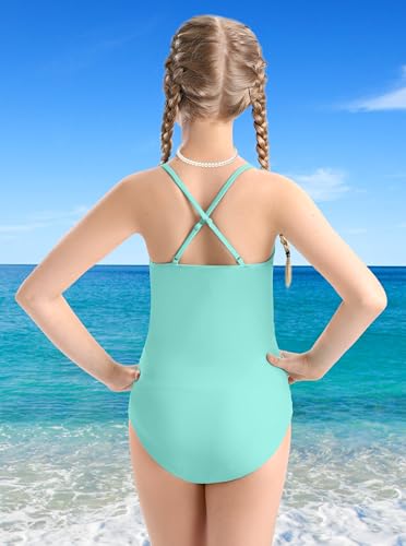 Girls Swimsuit Criss Cross Ruched One Piece Bathing Suit with Printed Mesh Cover Ups Adjustable Straps Swimwear 6-15Y3