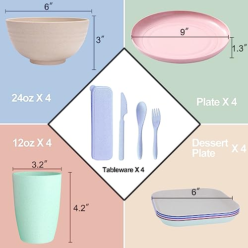 Unbreakable Wheat Straw Dinnerware Sets of 4, Farielyn-X Lightweight Bowls with Plates, Cups, Knives, Forks and Spoons for Camping Picnic, Dishwasher Microwave Safe Plates and Bowls sets, Kids & Adult - Thumbnail 2