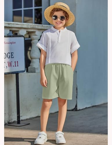 Image of Arshiner Boy's 2 Pieces Linen Sets Short Sleeve Henley Shirt and Shorts Summer Beach Matching Outfits 4-12 Years
