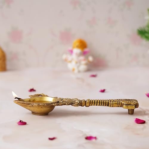 Image of eCraftIndia Golden Handcrafted Ethnic Design Brass Diya with Handle - Ideal for Home Pooja Mandir Temple for Ganesh Chaturthi, Navaratri, Diwali