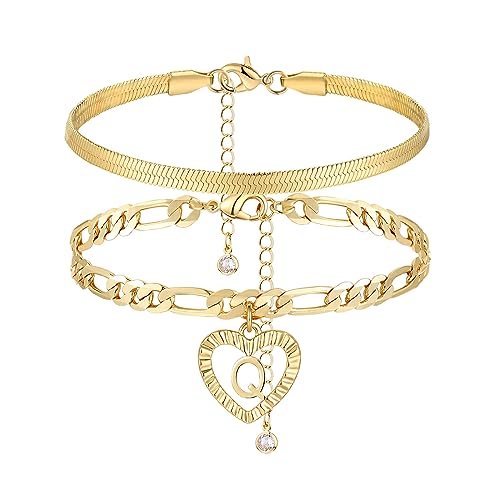 Image of YANODA Gold Ankle Bracelets for Women Waterproof, 14k Gold Plated Layered Snake Anklets Figaro Chain Letter Initial Anklets Handmade Heart Ankle Bracelets Personalized for Women Beach Jewelry Gifts