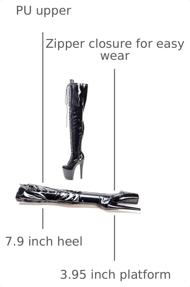 denova's Women's Patent 7.9in Very High Heel Lace Up Platform Stripper Heel Pole Dance Over-The-Knee Thigh High Boot with Zipper image 3