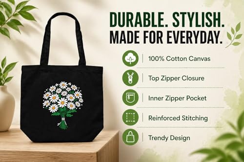 Image of Canvas Tote Bag for Women with Zipper & Pocket(Pack of 1) | Stylish Cotton Handbags for College | Aesthetic Tote Bag for Office, Shopping, Travel, Beach & Daily use