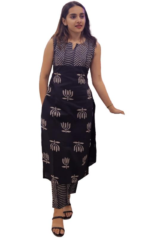 Image of Sun Fashion And Lifestyle Women's Rayon Stitched Butti Handblock Print Calf Length Casual Straight Kurta Set (KP49 Black)