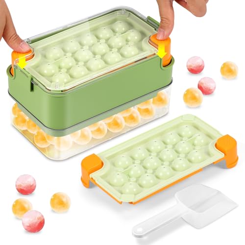 Eiswürfelform mit Deckel und Behälter - 2pcs Eiswürfelbehälter Rund+Eisschaufel+Ice Behälter, Einfach zu Lösende Ice Cub...