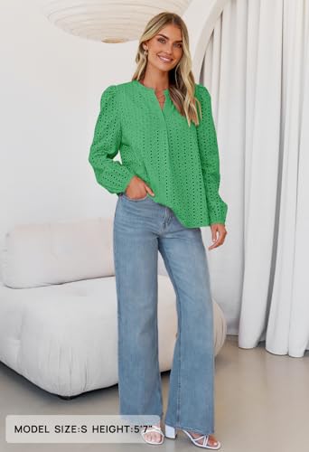 MEROKEETY Women's Hollow Out Lace Blouse Eyelet Embroidery Puff Long Sleeve V Neck Fall Boho Top Shirts3