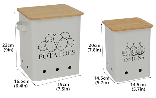 Image of Kitchen Vegetable Storage Tins Set of 2 for Potatoes, Onion, with wooden lid Garlic Bin Caddy, Long Shelf Life-white
