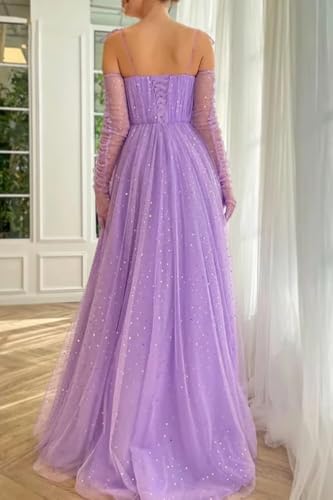 Zepumen Sparkly Starry Tulle Prom Dresses for Women Long Sleeves Spaghetti Straps Long Formal Evening Party Gowns3