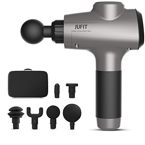 JUFIT Fascia Massage Gun/Muscle Massage Appareil de Massage pour Muscles Profonds Handheld sans fil à choc Électrique avec 3 Niveaux de Vitesse et 6 têtes de Massage Interchangeables,Argenté