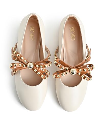Women's Mary Jane Flats Round Toe Ballet Flats Shoes Pearl Embellished Bow Loafer Flats Slip On Comfortable Stud Strap Soft Dressy Flats Shoes3