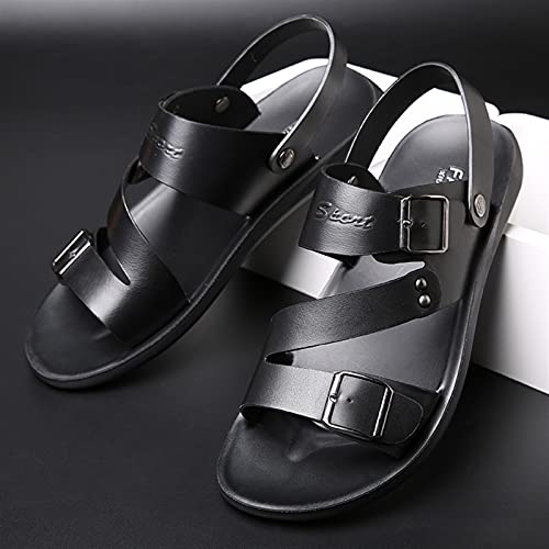 Battle Men Men's Cut Out Sandal Casual Dual Use Beach Slipper Genuine Leather Open Toe Double Monk Strap Buckle Thick Sole Rivet Solid Color anti-slip3