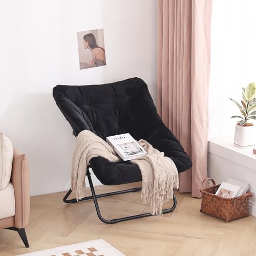 Tiita Untertassenstuhl ohne Ottomane, weicher übergroßer Klappstuhl aus Kunstfell, weicher pelziger Loungesessel, Mondstuhl mit Metallrahmen für Schlafzimmer, Wohnzimmer, Wohnheim, Garten und Hof