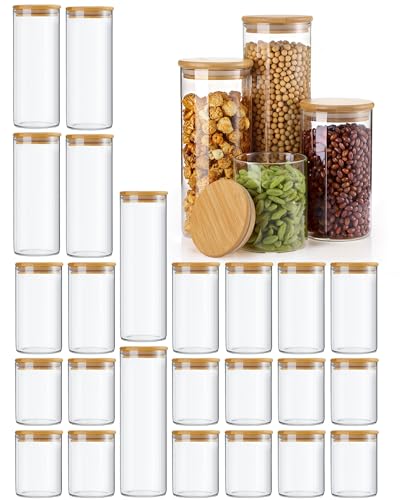 Image of Qinyoung Glass Storage Jars with Wooden Lids, 4 Sizes Food Storage Containers Clear Stackable Canisters Airtight Glass Jars for Candy Cookie (Clear, Light Brown, 23oz 34oz 47oz 58oz, 24 Pcs)