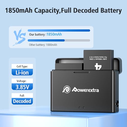 Powerextra Osmo Action 4&3 Battery Set, 2 Pack 1850mAh Rechargeable Batteries with Fast Dual USB-C Charger Compatible with DJI Osmo Action 4/3 Camera Accessories