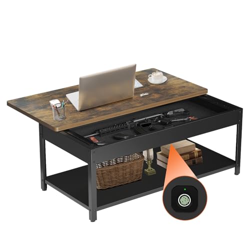 Hidden Gun Storage Safe for Rifles and Pistols, Biometric Fingerprint Gun Safe for Jewelry Money and Ammo, Use as Coffee Table (Honey Brown)