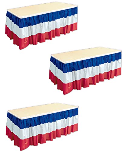 Beistle 3 Piece Self-Adhesive Plastic Patriotic Party Table Skirts For 4Th Of July Decorations, Outdoor Bbq, Independence Day Tableware, 29" X 14', Red/White/Blue #TOP25