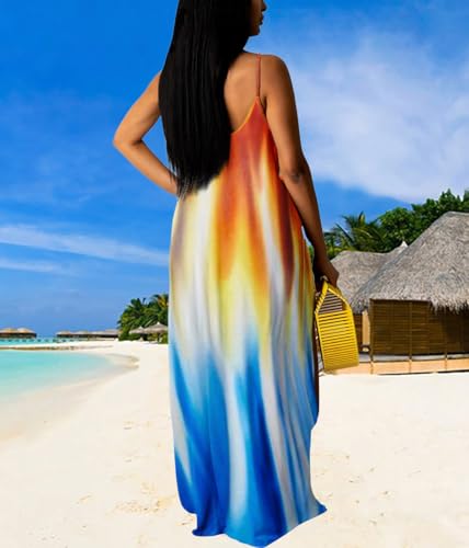 Image of Summer Dresses for Women Spaghetti Strap Beach Floor Length Maxi Sundresses | Floral Print,Casual,with Pockets