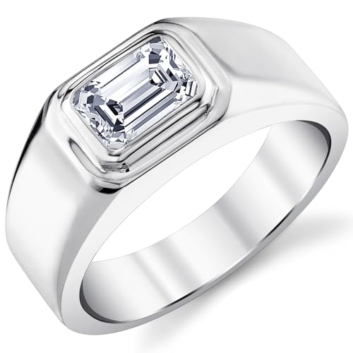 Metal Masters Men's 1Ct. Emerald-Cut Moissanite Solitaire Engagement Ring Wedding Band 18K White Gold over Silver