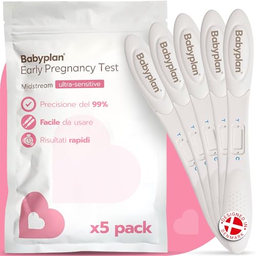 5 test precoci di gravidanza in stick Babyplan (HCG) (10mIU - Altamente sensibile) Test igienici per la pianificazione della gravidanza (Accuratezza del 99,6%)