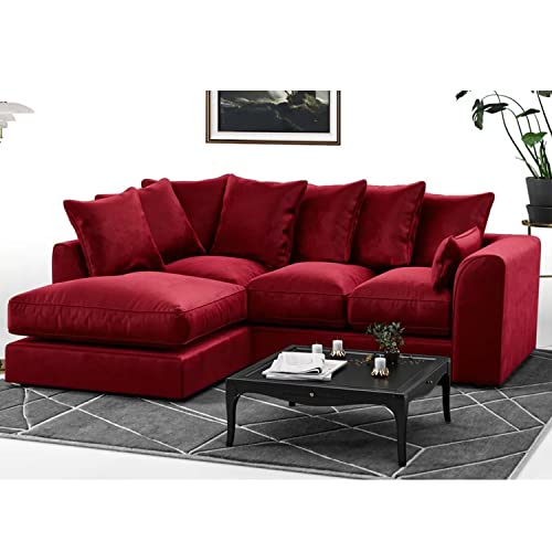 Furnishings For Less UK New Brooklyn Full Fibre Red Plush Velvet LH Left Hand Corner Sofa 3 to 4 Seater (Red, Left Hand Facing)