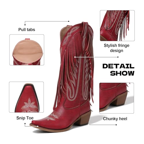 Image of Cowgirl Boots Women Retro Block Chunky Suede Fringe Cowboy Boots