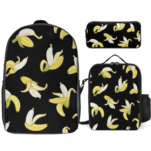 3PCS Backpacks Set, Large Capacity Travel Daypack 17 Inch Yellow Banana Fruit Funny Black Pattern Insulated Lunch Bag Lightweight Compact Pencil Pen Case