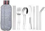 Das 16-teilige tragbare Besteckset enthält: 2 x Essmesser, 2 x Essgabel, 2 x Esslöffel, 2 Paar Essstäbchen, 2 x Strohreinigungsbürste, 2 x gerades Stroh, 2 x gebogenes Stroh, 2 x Tragetasche