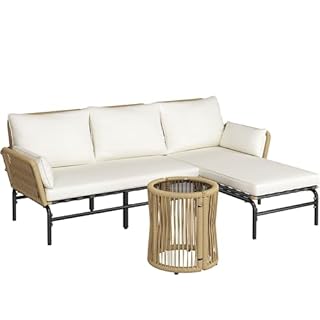 Yaheetech 3 Pieces L-Shaped Conversation Sofa Set, Outdoor Patio Furniture Set w/Detachable Lounger, Thick Cushions, Glass Side Table for Patio, Backyard, Porch, Garden