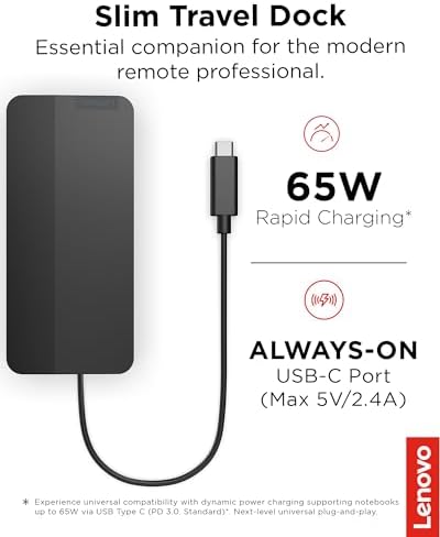 Lenovo USB-C Slim Travel Dock, 8 Ports, Up to 65W PD Pass Through, Integrated USB-C Cable, 4K Display Support, Black