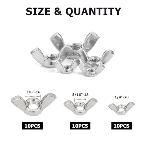 Hooshing 30PCS Wing Nuts Assorted Kit, 3 Sizes 1/4"-20, 5/16"-18, 3/8"-16 image 5