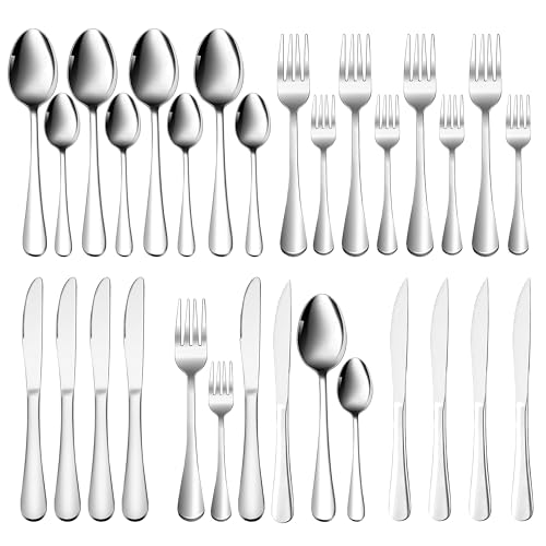 JIEYANG Silverware Set with 24 pcs for 4 People, Food-Grade Stainless Steel Tableware Cutlery Set, Mirror Polished, Dishwasher Safe,Spoons Forks Knives Set for Home,Kitchen and Restaurant.
