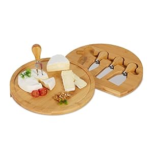 Relaxdays Käsebrett mit Käsemesser Set, HD 4 x 25 cm, drehbare Käseplatte, 4-TLG. Käsebesteck, Bambus & Edelstahl, Natur