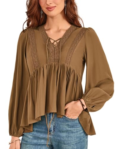 Women's Long Sleeve Fall Tops V Neck Lace Crochet...