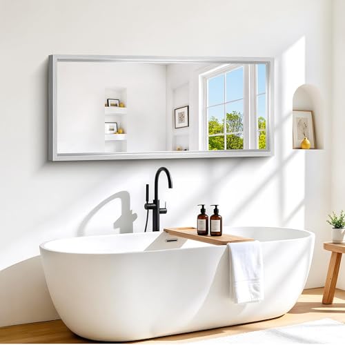 Image of 60 x 28 inch Brushed Silver Bathroom Mirror, Metal Framed Large Rectangle Mirror, 0.6 inch Thickened Deep Frame Mirrors for Living Room Bedroom, Tempered Glass, Antirust, Horizontal or Vertical