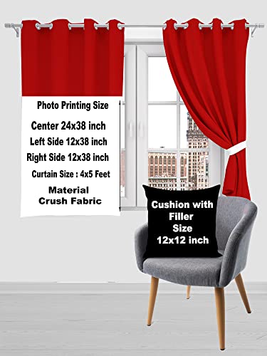 Image of Crush Fabric Photo Personalise 2 Curtains & 1 Cushion with 8 Eyelet for Living Room Bedroom Home Office 4 x 5 Feet Style 134 (Set of 3) (Red)