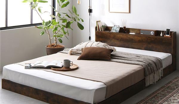 ベッド ダブル ボンネルコイルマットレス付き ヴィンテージブラウン 照明付き 収納付き 引き出し付き 棚付き 宮付き コンセント付きお得な セール ベッド ダブル ボンネルコイルマットレス付き ヴィンテージブラウン 低