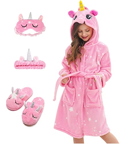 CHETOSHO Soft Unicorn Hooded Robe with Matching Slippers Headband and Blindfold for Girls - Pink White Stars 5-6 Years
