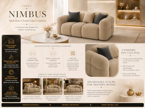 Image of FURNY Luxury Nimbus 2 Seater Bubble Cloud Sofa Set for Living Room | Boston Fabric Upholstered | Modern Cushioned Comfortable Couch for Home Office & Drawing Room | Sand Beige