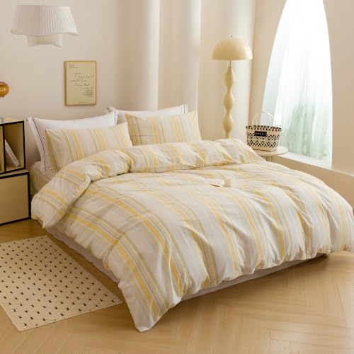 Image of Yellow Striped Duvet Cover Bedding Set 100% Washed Cotton Linen Like King