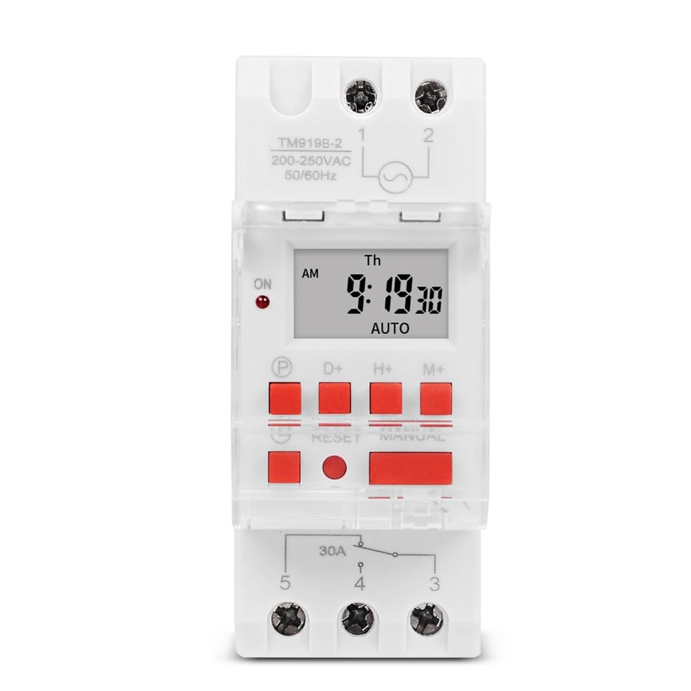 Xnuiasqe TM919B 30A Heavy-Duty Programmable Timer Switch,Digital Weekly DIN Rail Timer with LCD,16 On/Off Settings, 5000W